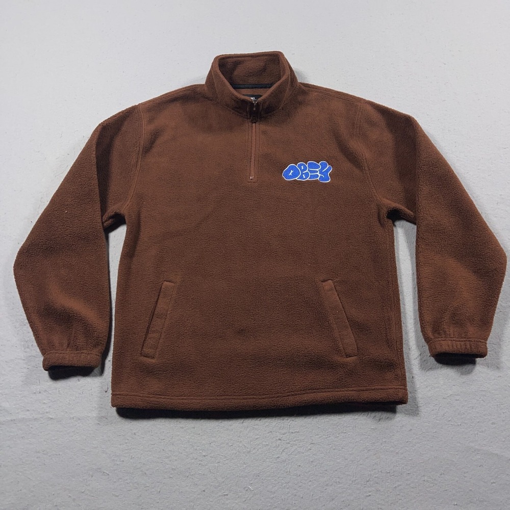 Obey Fleece Pullover Men Small Quarter Zip Brown Bubble Logo Streetwear Gorpcore